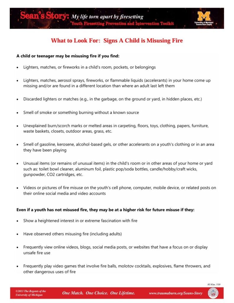 What to Look For: Signs a Child is Misusing Fire page screenshot