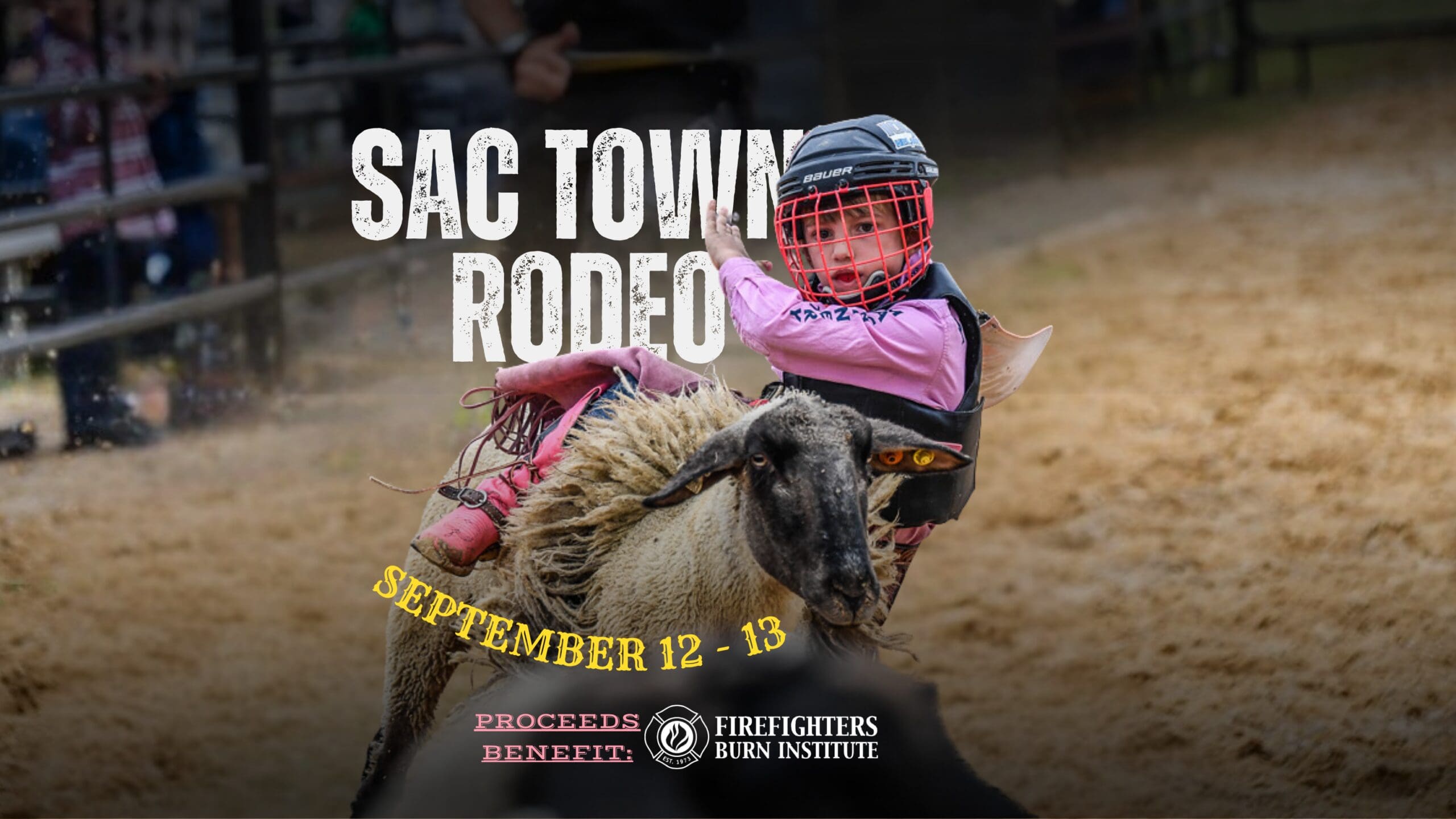 Young girl on a sheep muttin bustin and promoting the sac town rodeo