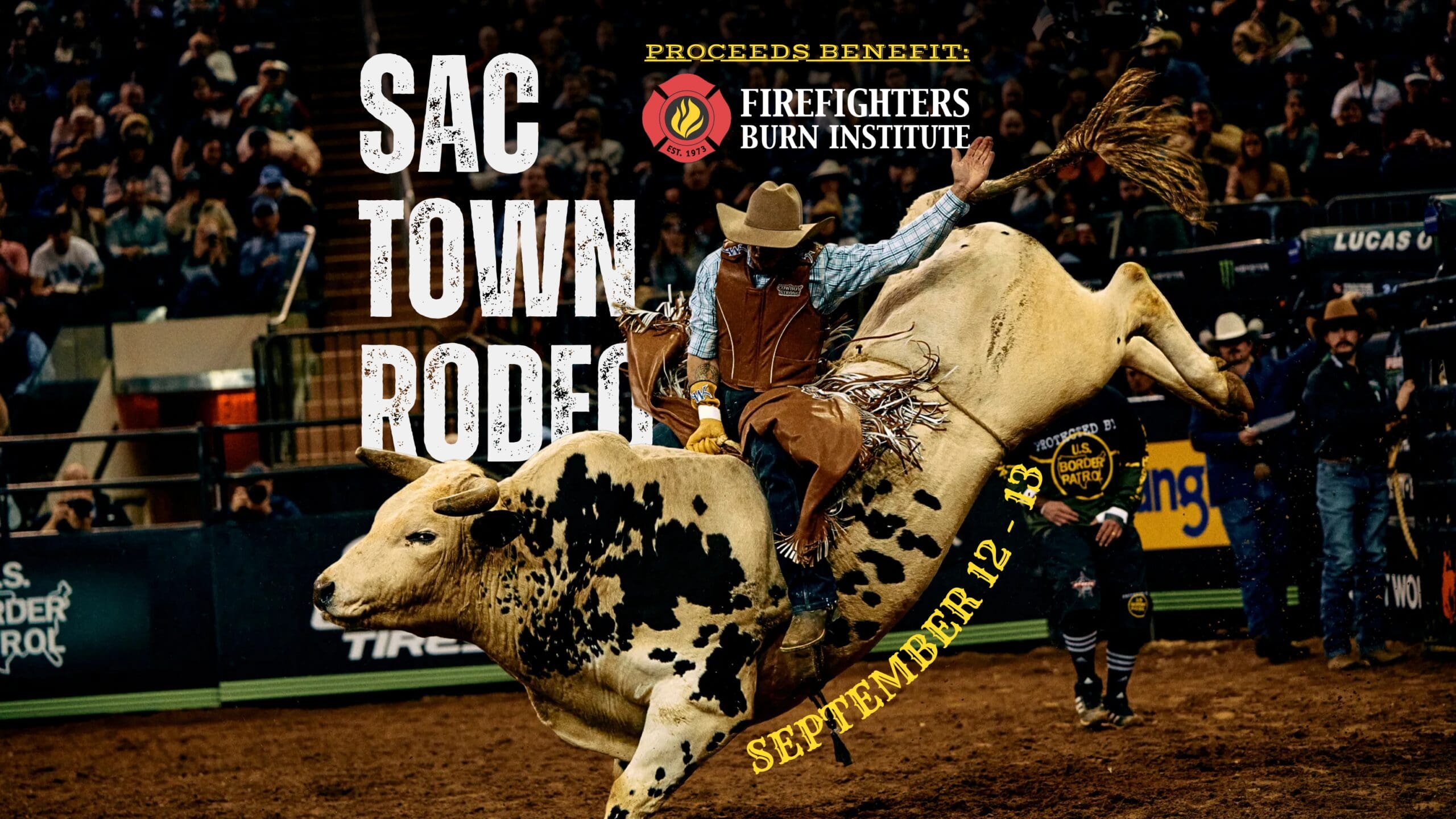 Guy riding a ull with text promoting the SacTown Rodeo