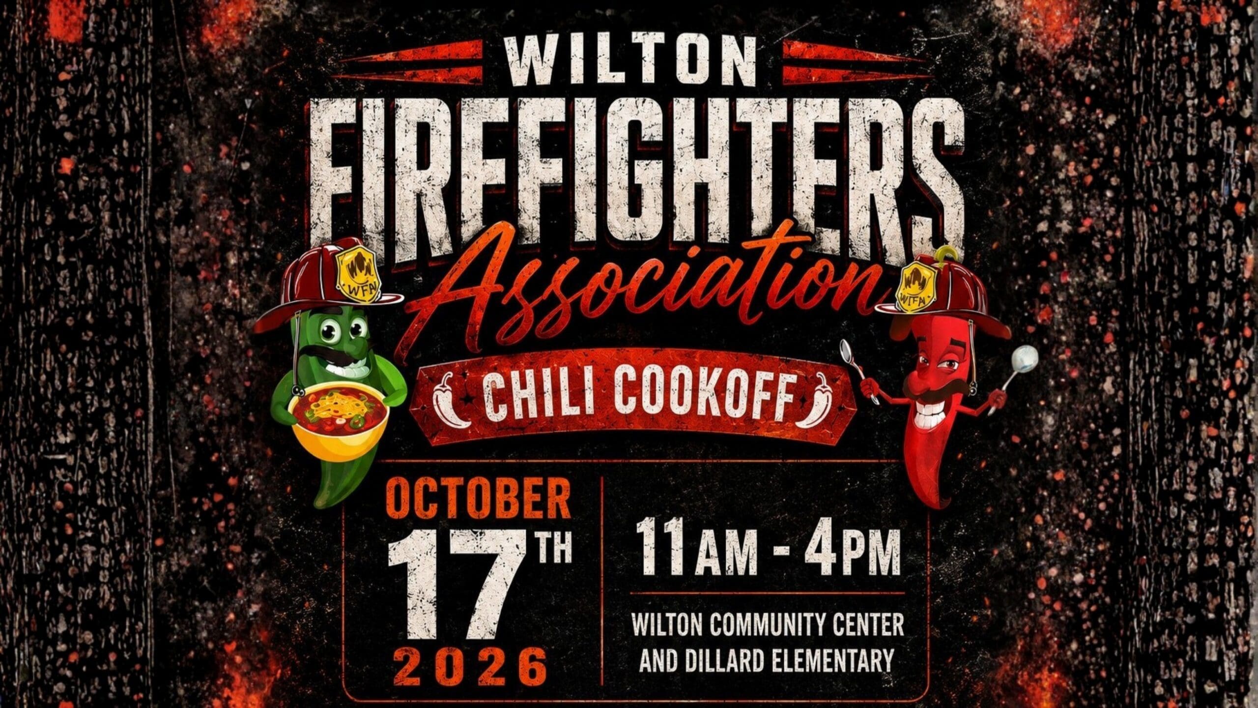 two chilis in between a title that say Wilton chili cook off on October 17th, 2026 from 11:00am-4:00pm